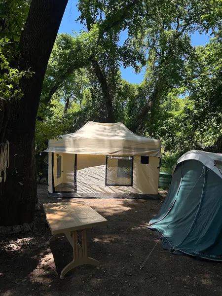 Abelya Camping çadır alanı — sığla ağaçlarının gölgesinde krem tente, turkuaz çadır ve piknik masası, Marmaris Gökova kamp yeri
